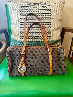 Dooney & Bourke Brown Monogram Barrel Satchel with Tan Trim